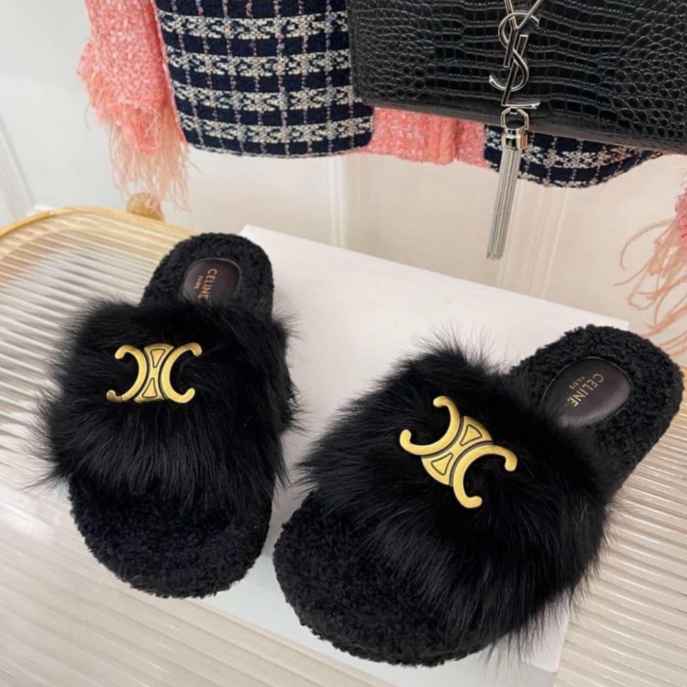 Celine Black and Gold Fur Slippers